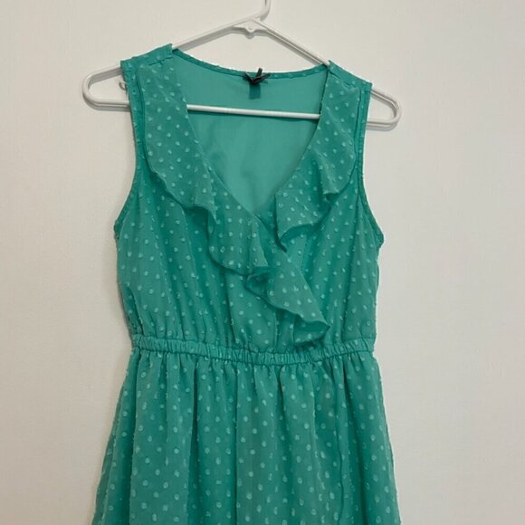 VANITY Aqua Seafoam Green Blue Swiss Dot Textured Mini Surplice Faux Wrap Dress - Picture 3 of 16